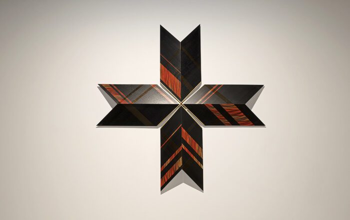 Monique Tippett (Aus), Karrakin, 2021, 5 elements dimensions variable, silky oak veneer, ink, synthetic polymers and laquers on board, Photographer Sue-Lyn Moyle, image courtesy John Curtin Gallery.